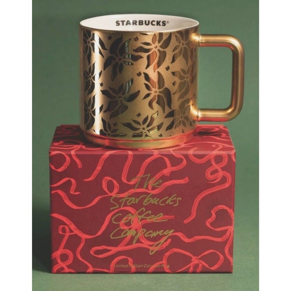 STARBUCKS Gold Poinsettia Mug Christmas 2025 Limited Edition New with Box 14 oz